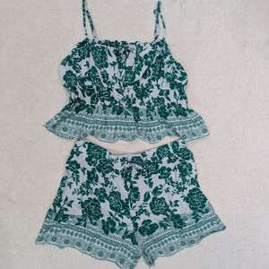 Francescas Large Jodie Border Floral Print Green and White Two-Piece Set